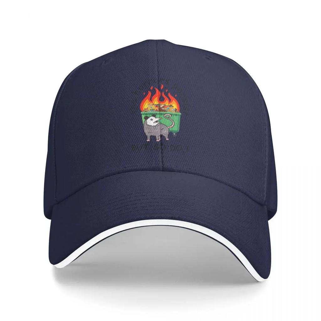 Persistent Opossum In Front of Flaming Dumpster Baseball Cap Snap Back Hat Tea Luxury Man S Womens