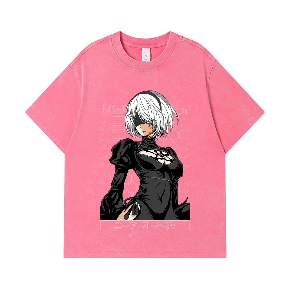 275 GSM Washed T-shirts 100% Cotton NieR Automata V2 2B Print Unisex Heavy Cotton T Shirt