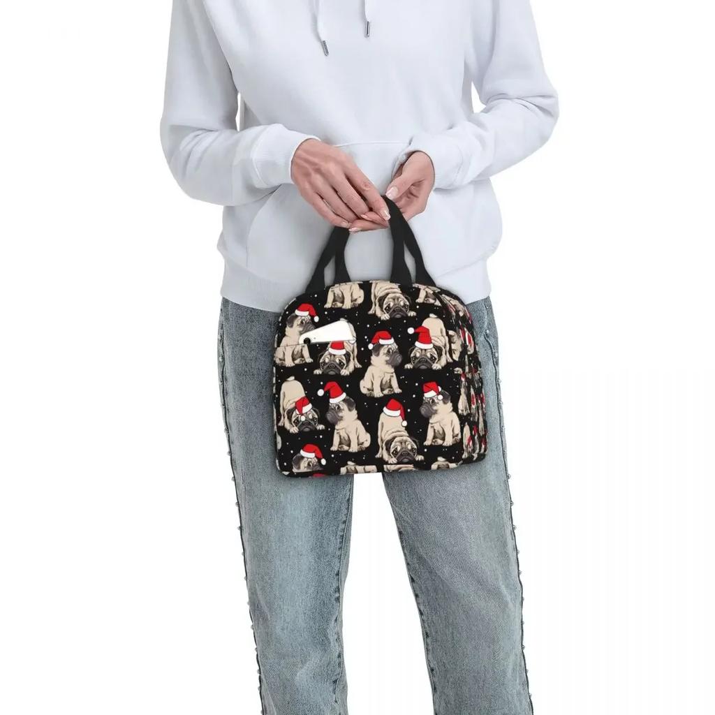 New Year Cute French Bulldog Insulated Lunch Bag Cooler Bag Merry Christmas Portable Tote Lunch Box Bento Pouch College Outdoor