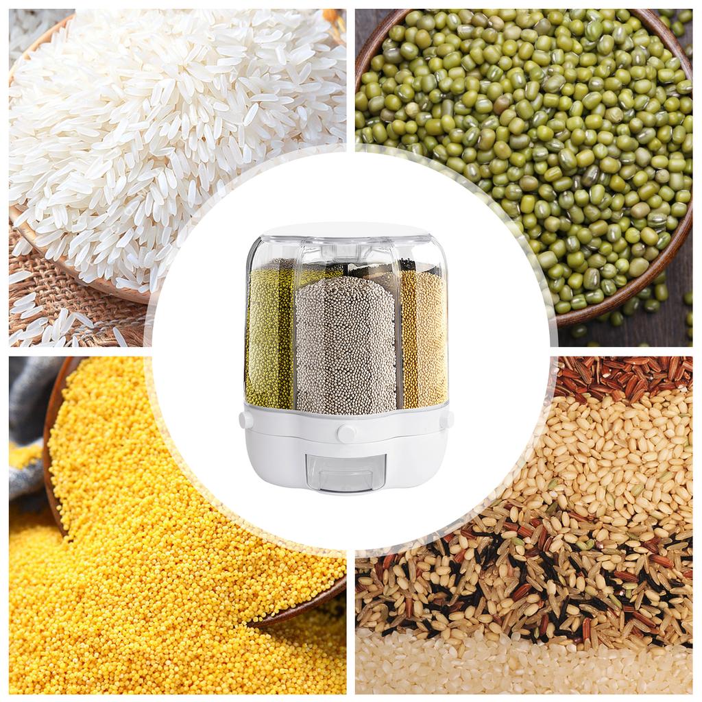 Large 6-Grid Rotating Grain Storage Bin - 27.56LBS One-Click Food Dispenser Sealed Moisture-Proof Rice Container for Rice Nut