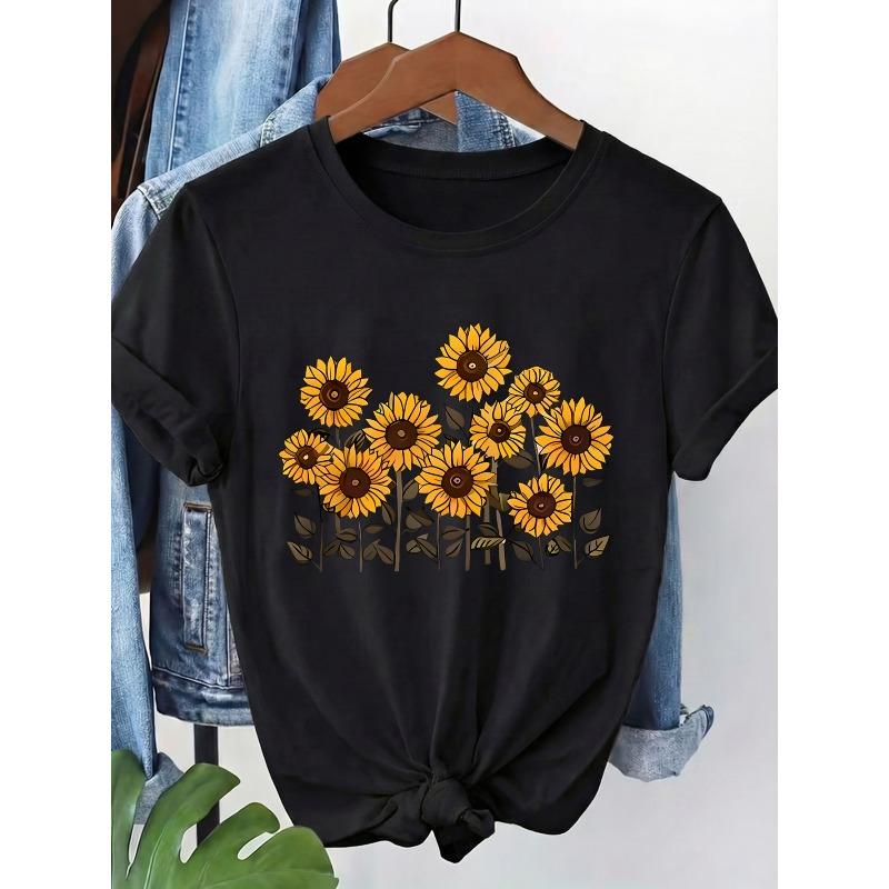 Women'S Clothing with a Round Neck And Short Sleeves, Surrounded by Sunflowers, Under Bright Sunshine, Full of Vitality. A Printed T-Shirt