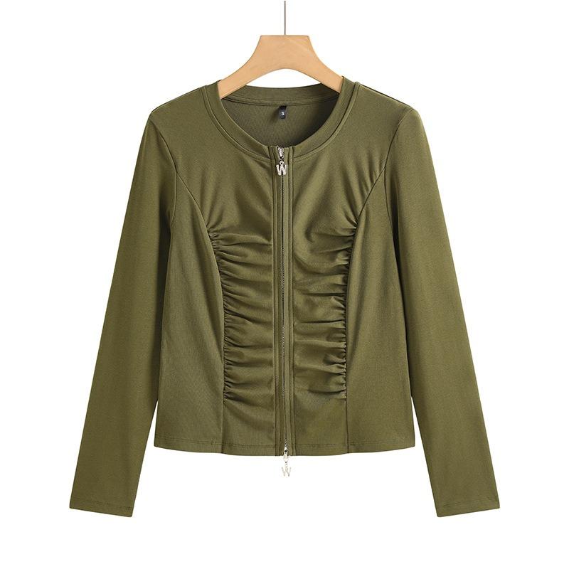 Women's Spring and Autumn Round Neck T-shirt Zipper Cardigan Fashionable and Versatile Pleated High-end Temperament Long-sleeved Top