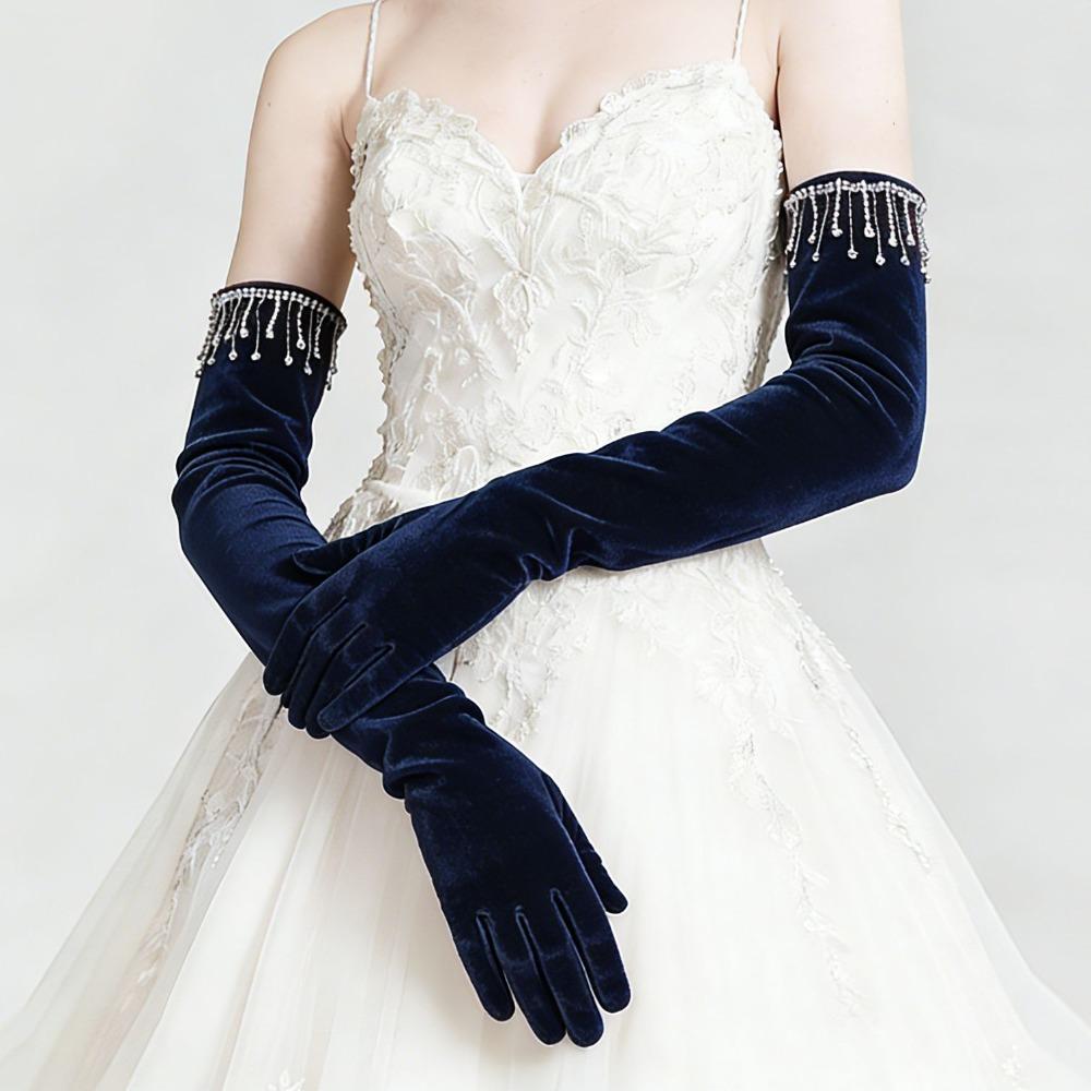Solid Color Velvet Long Gloves Rhinestone Tassel Evening Dress Gloves  Dress-Up  Accessories