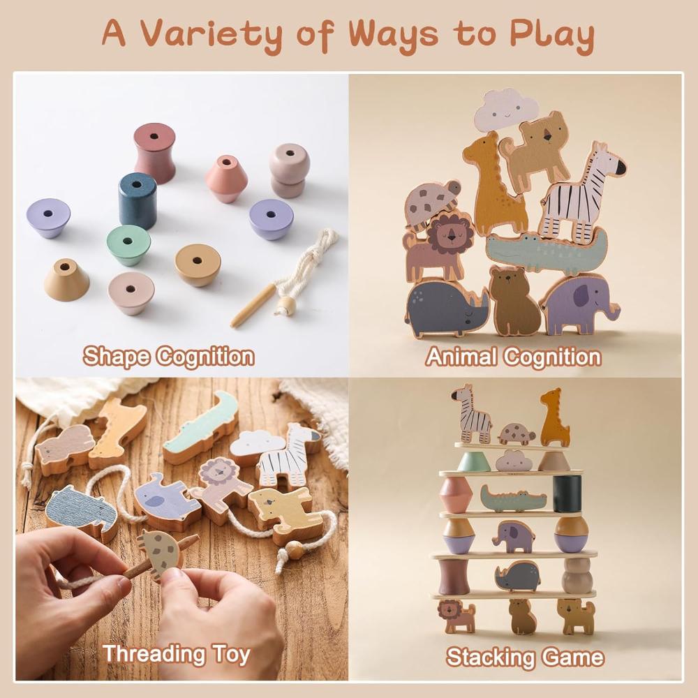 Wooden Animals Threading Toy, Lacing Beads for Toddlers Stacking Blocks Balance Toy, Montessori Educational Toy for Boys & Girls