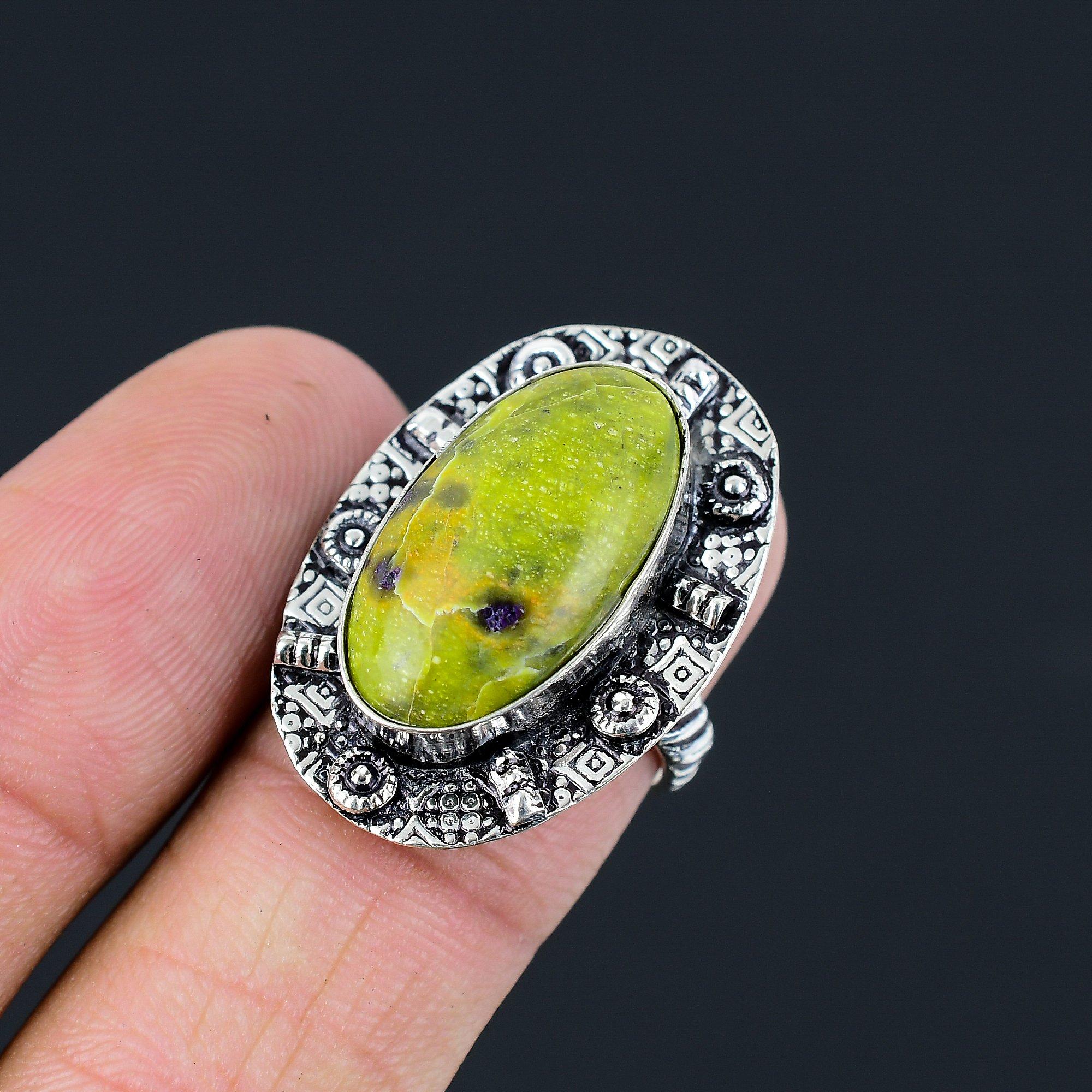 Oval Atlantisite Stone Sterling Silver Art Deco Solitaire Ring Jewelry Size 7 7