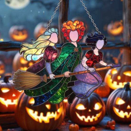 Halloweenský Suncatcher Čarodějnice 3 Čarodějnice Létající na Koštěti Vitrážový Suncatcher Akrylová Závěsná Dekorace na Okno pro Dveře Nástěnná Dekorace