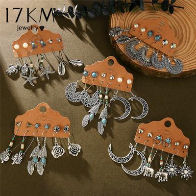 Orecchini Boho per donna Vintage Retro Piuma Sole Ciondolo Orecchini Etnici Gioielli Set