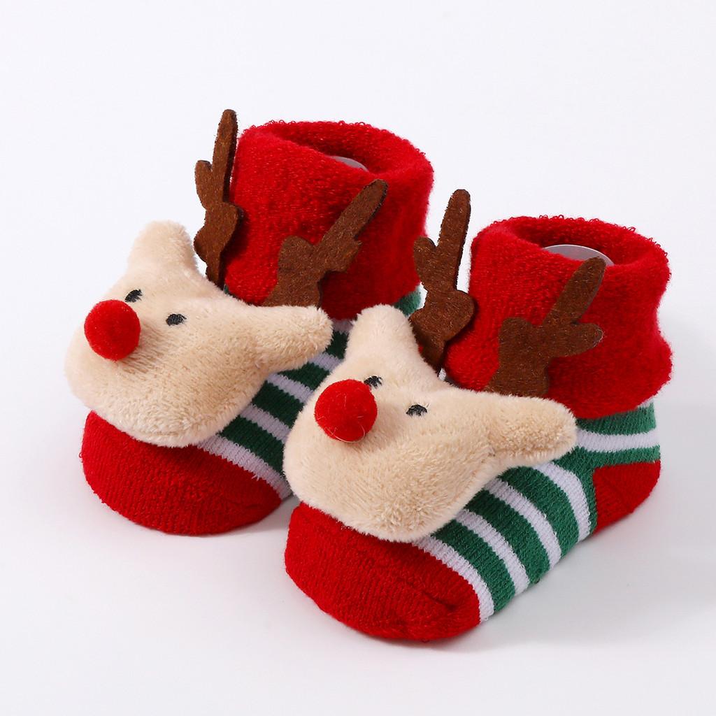 Baby Christmas Socks Santa Claus Snowman Reindeer Plush Knit Socks Non-Slip Crib Shoes for Infant Boys Girls First Xmas Outfits Toddler Gift