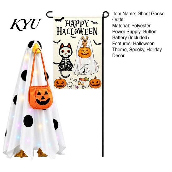 Lighted Goose Statue Halloween Ghost Porch Outfit And Flag Set for 23 Inch Statue, Decorative Garden Figure Spooky Clothes with Pumpkin Bucket Outdoor
