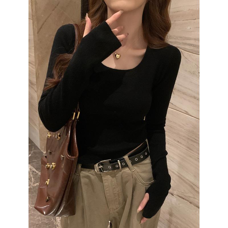 Lazy Wind Square Neck Knitted Sweater Women's Early Spring Tight Spice Girl Front Shoulder Long Sleeve Top Simple Bottoming Shirt