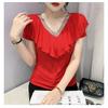 Summer Short Sleeved V Neck Women's T Shirt Elegant Slim Hot Drilling Ruffles Mesh Tees