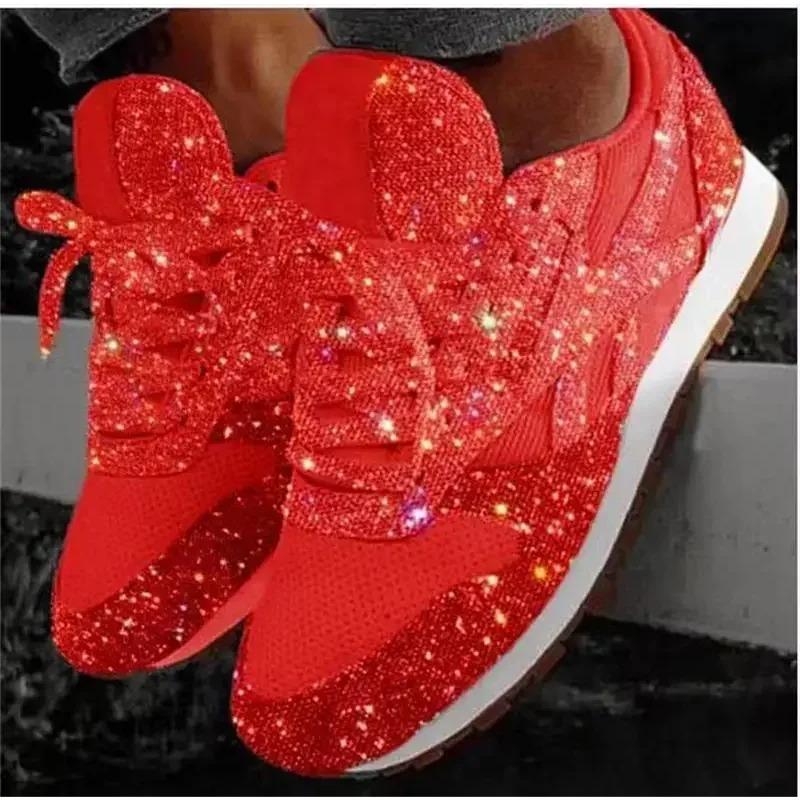 2025 New Women Flat Sneakers Casual Bling Vulcanized Shoes Women Mesh Lace Up Platform Plus Size Fashion Outdoor Woman Shoes
