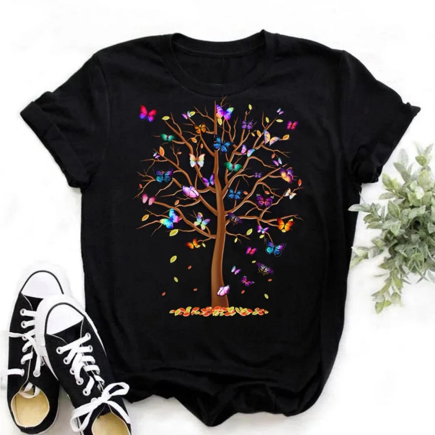 

Summer Butterfly Tree Print Casual Short Sleeve T-Shirt Women s Fashion Harajuku Style Top Comfortable Breathable Sweatshirt S чёрный