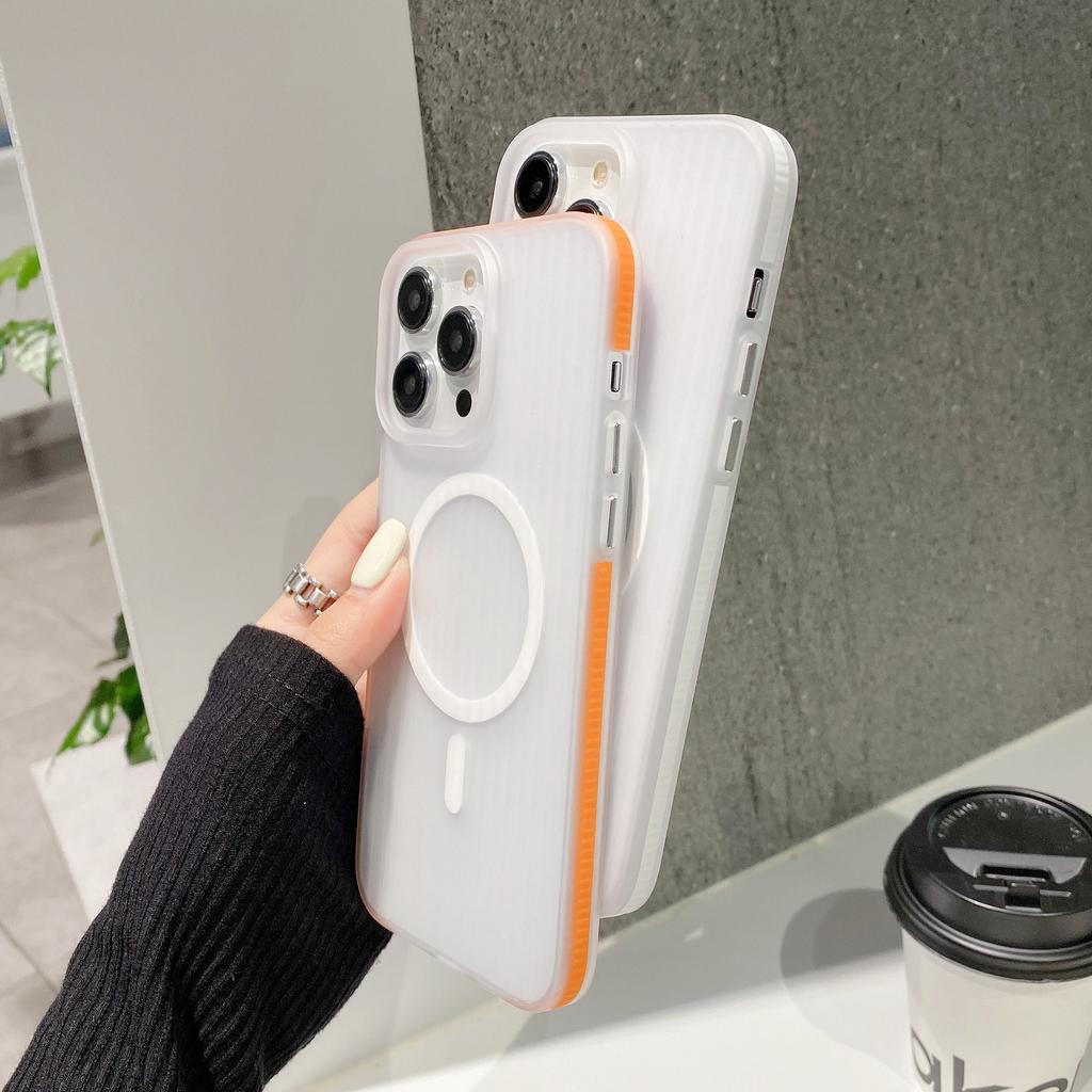 Applicable To Apple 16 High-end Mobile Phone Case Corrugated Grating Magnetic Contrast Color Non-slip PC Case IPhone 15 Full Package