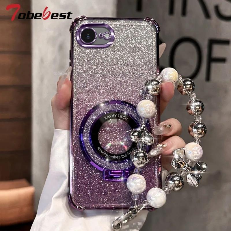 Shockproof Glitter Plating Case For iPhone 16E 2025 16 15 14 Plus 13 12 11 Pro Max Fundas Magsafe Bracket Bead Bracelet Cover