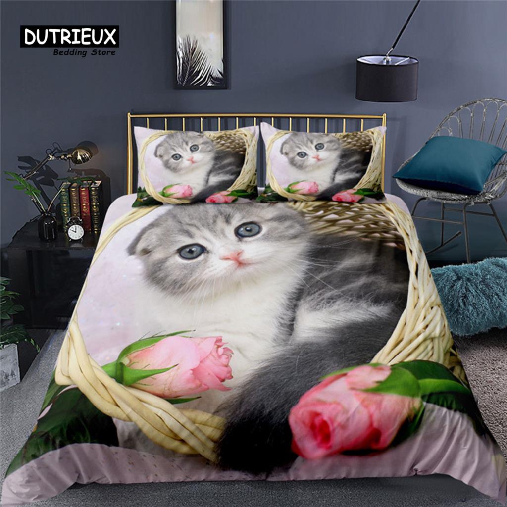Luxury 3D Flower Cat Print Home Living Duvet Cover Pillowcase Kids Bedding Set Queen and King EU/US/AU/UK Size Bedding Sets
