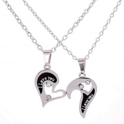 Mens Women Couple I Love You Rhinestone Heart Pendant Chain Necklace Jewelry AVE