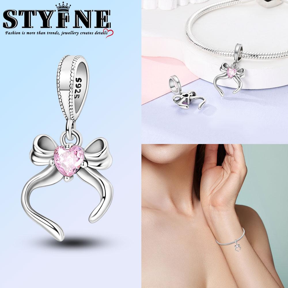 Copper Bow Charms Copper Pink Heart-Shaped Bow Pendants Charms Beads Fit Original Bangle Bracelets Diy Jewelry