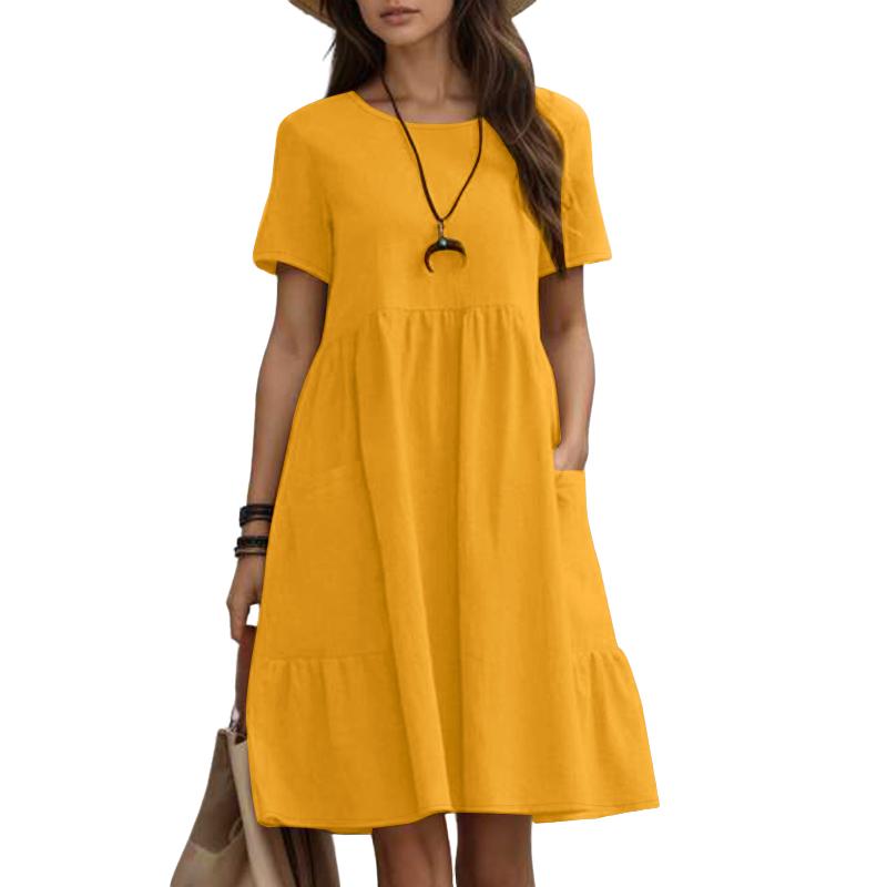 

ZANZEA Женское повседневное свободное летнее платье с коротким рукавом и круглым вырезом M жёлтый
