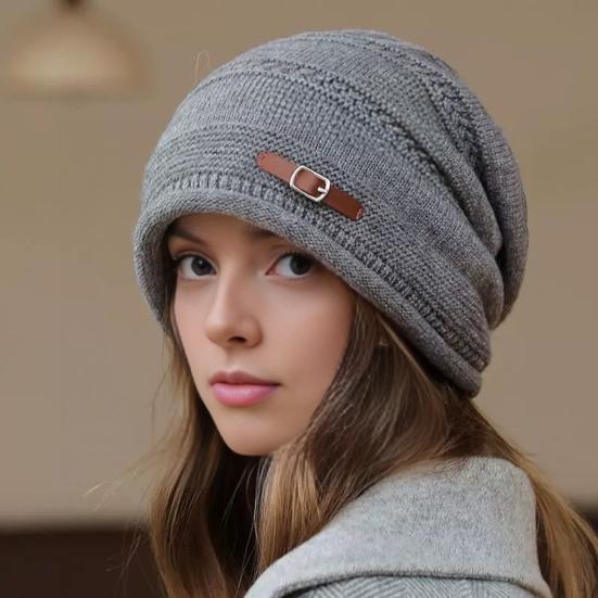 Knitted Hat Rolled-Edge Pile Shape Velvet Lining Women Hat Windproof Ear Protection Knitted Headgear