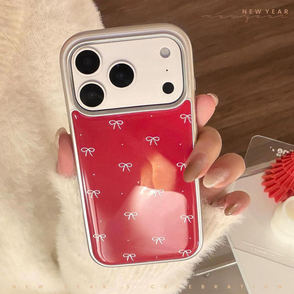 Custodia Rossa Placcata Oro con Fiocco per iPhone 16, iPhone 17, iPhone 17 Pro Max
