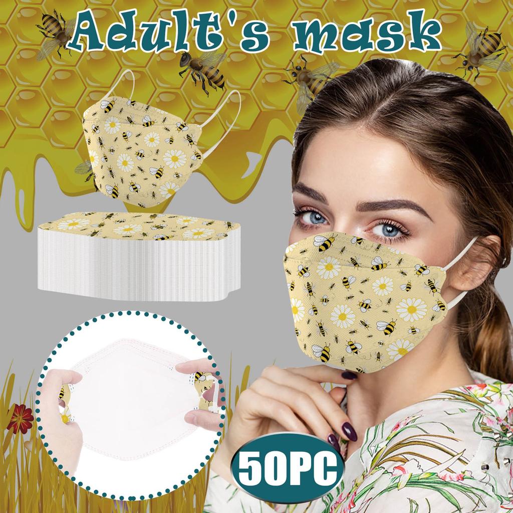 Adult's Disposable Unisex Bee Printed Outdoor Prevention Fish Mask Face 