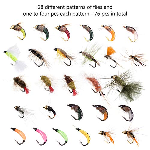 Bassdash Complete Fly Fishing Set (76 flies, 28 types) - Fly fishing flies in a case. Ideal for stream fishing, tenkara, and trout fishing.