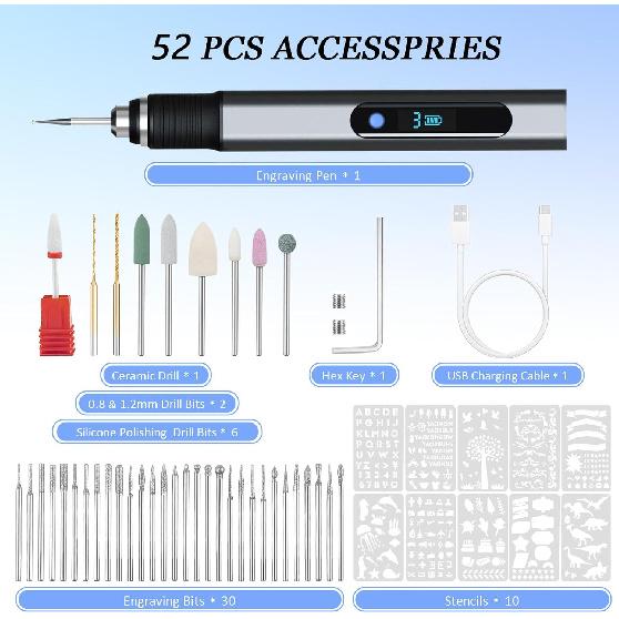 Engraving Pen Kit Rechargeable Cordless Engraver Pen with 39 Bits, 10 Stencils, Mini DIY Electric Etching Machines Rotary Tool for Carving Jewelry