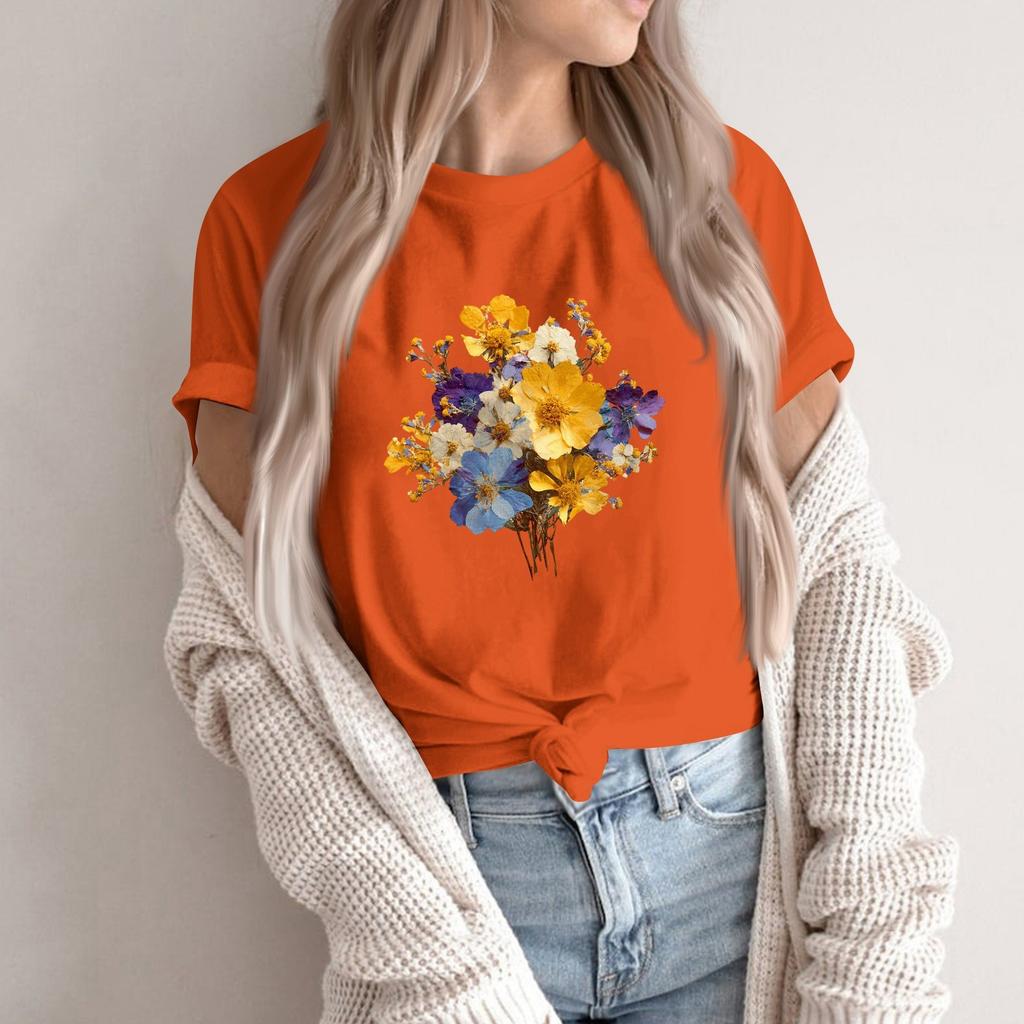 Women's Fashion Casual Printed Round Neck Short Sleeved Pullover T-Shirt Top