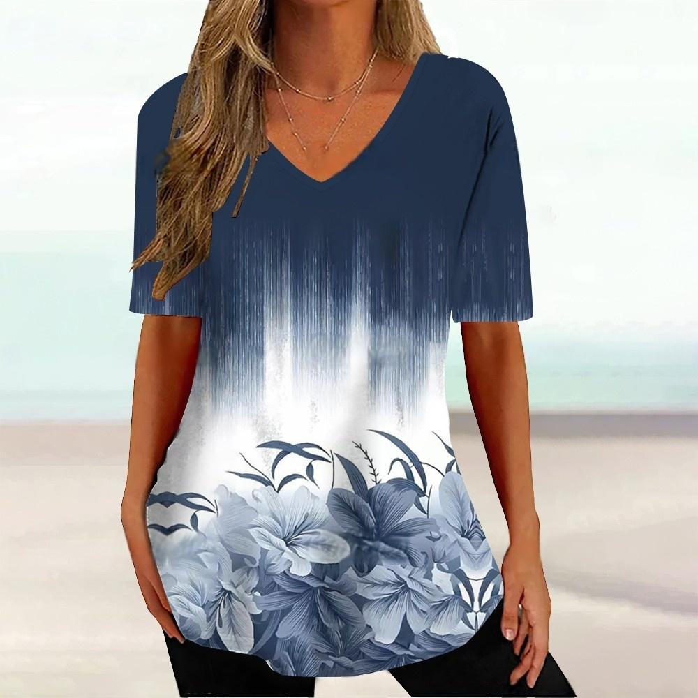 

Летний топ с V-образным вырезом и 3D-градиентным принтом, модные повседневные женские футболки с короткими рукавами XS