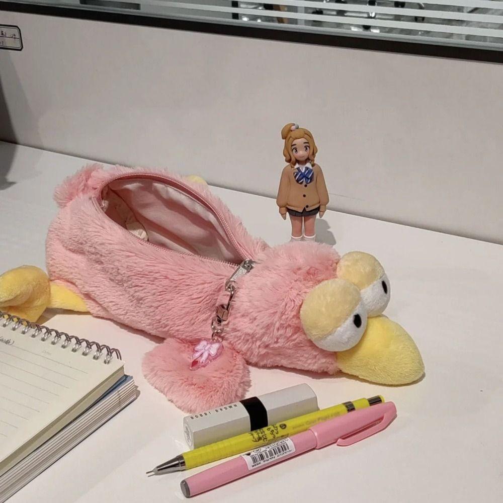 

Large Capacity Pink Plush Bird Pencil Bag Big Eyes Bird Pencil Pouch School Supplies розовый