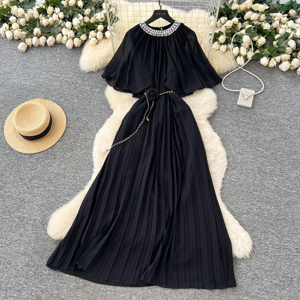 French heavy industry bead-set diamond round neck shawl splicing strap waist and thin temperament pleated chiffon dress women