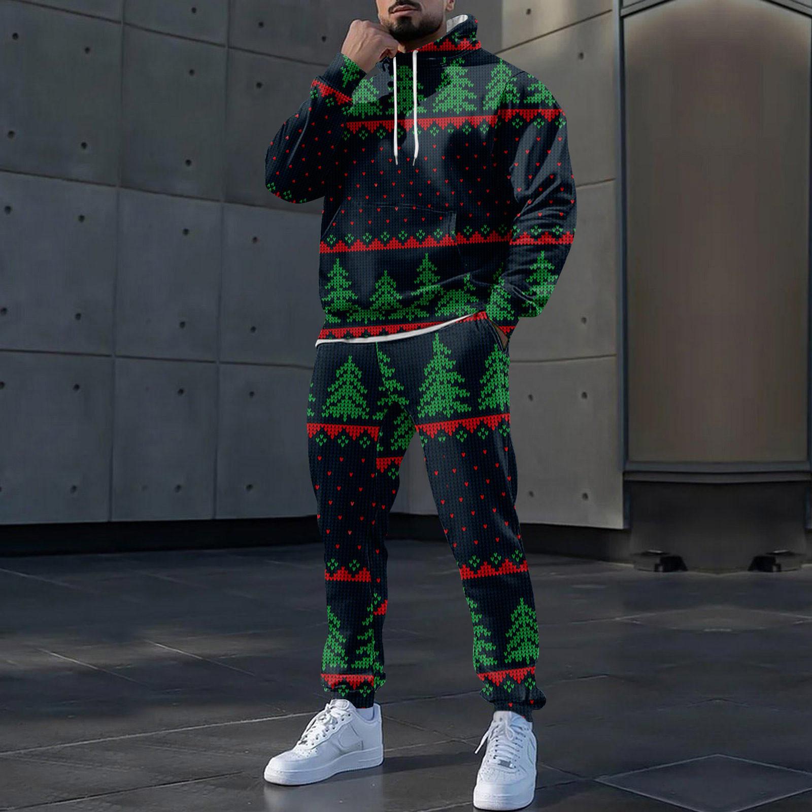 

Мужские зимние рождественские принты с длинным рукавом толстовки с капюшоном толстовка брюки костюм L тёмно-синий