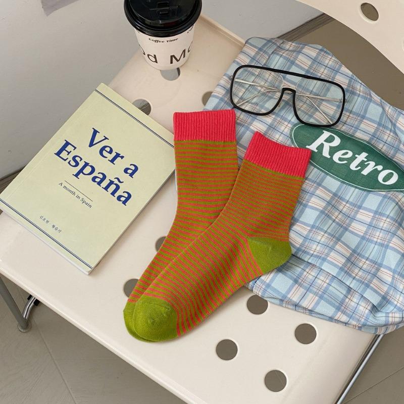 Women's Color-blocking Striped Mid-calf Socks, College-style Long Calf Socks, Trendy Women's Socks