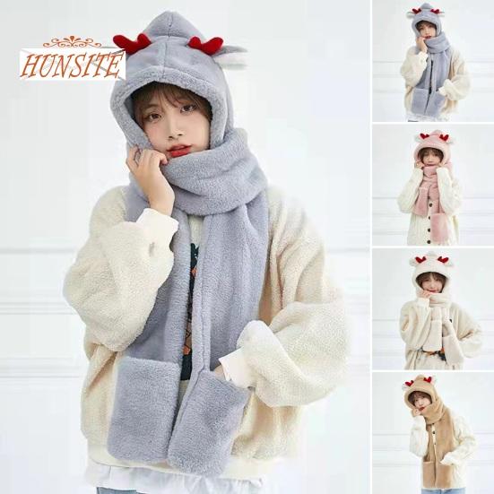 

Женская зимняя теплая шапка с шарфом Ультра-мягкая морозостойкая многофункциональная шапка в мультяшном стиле 3-в-1, шарф, варежки