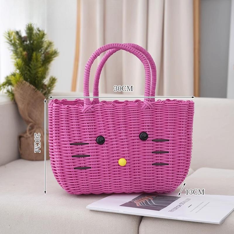 Cute Cat PVC Woven Bag Large Capacity Organizer Bath Shopping Basket Portable Baskets with Handles Beach Bag Vegetable Basket