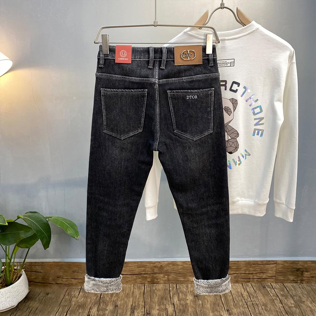 Fleecegefütterte Dicke Jeans Herren2024Winter Neue Modemarke Slim Stretch Skinny und All-Matching Warme Hosen