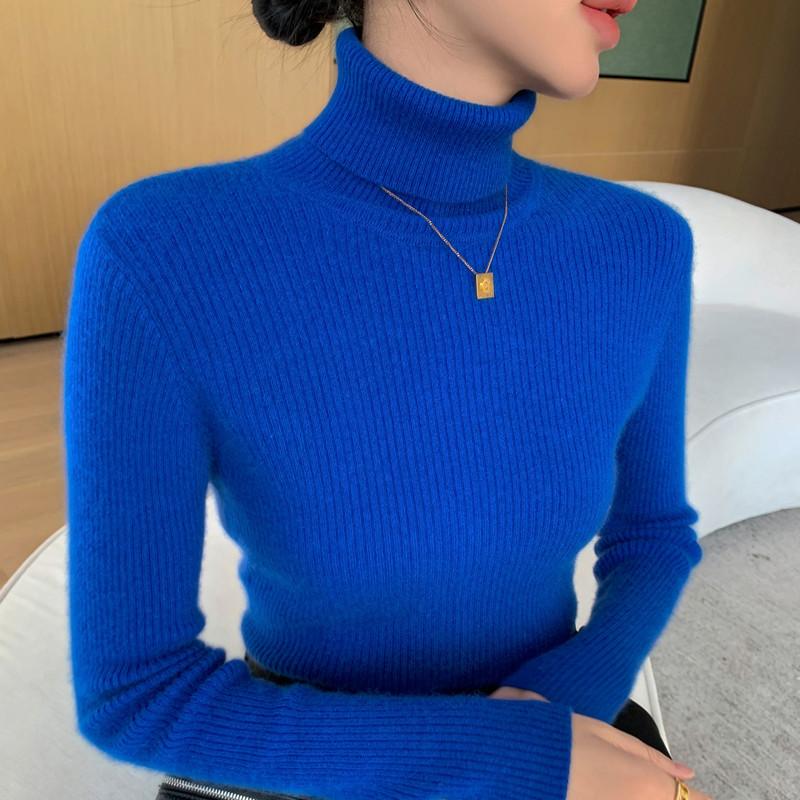 Podzimní a zimní svetr s vysokým límcem pro ženy, úzký pletený svetr s žebrovou vazbou, s těsným pulovrem uvnitř, všestranný hřejivý top s dlouhým rukávem
