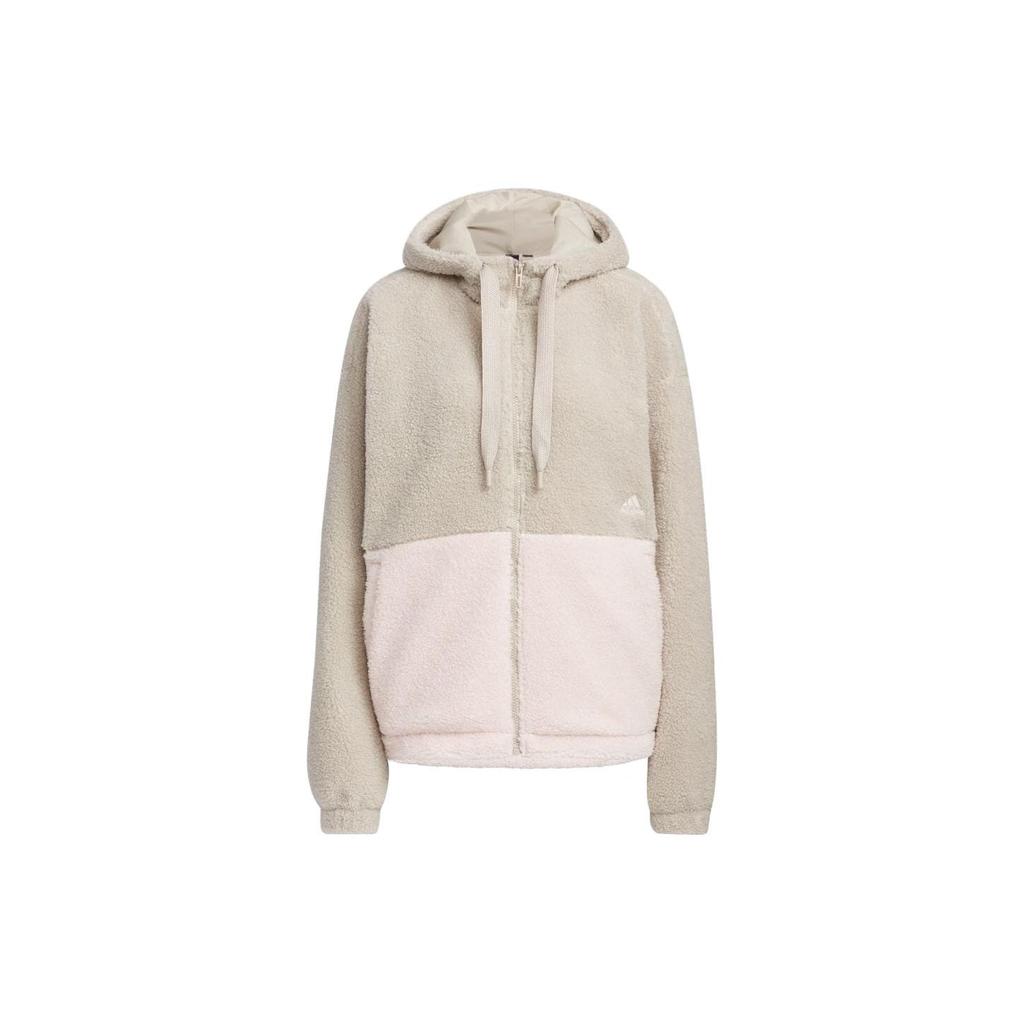 Adidas Color Block Loose Fit Zip Up Hooded Drawstring Fleece Jacket Women Jackets Beige IK9863