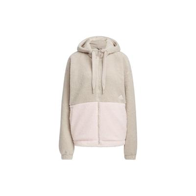 Color Block Loose Fit Zip Up Hooded Drawstring Fleece Jacket Women Jackets Beige IK9863