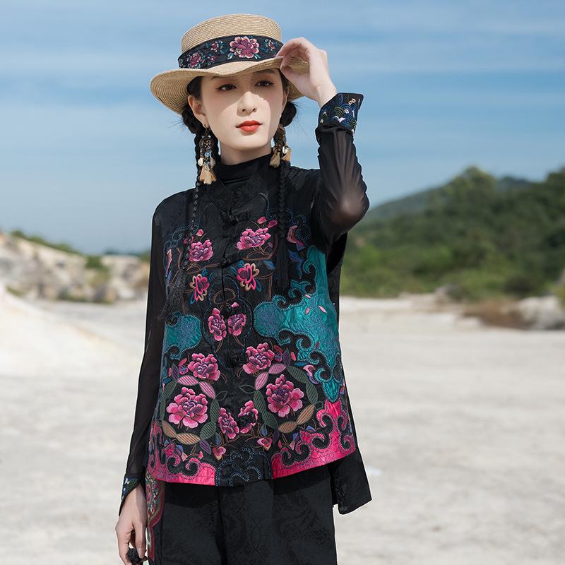 

Весенне-летняя ретро этническая вышитая майка-жилет без рукавов для женщин L чёрный