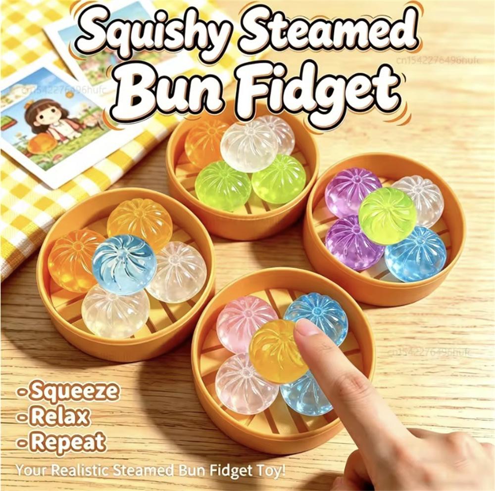 5Pcs Mini Dumplings With Steamer Bun Squeezable Toys Set Soft Stress Relief Crystal Squishy Fidget Sensory Toy Party Favors Gift