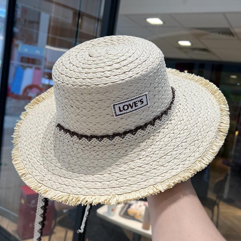 

JYL TS DIY Frayed Straw Hat Wide Brim Beach Cap Woven Straw Beigepatchletters_(56-58cm)adjustable кармін рожевого кольору