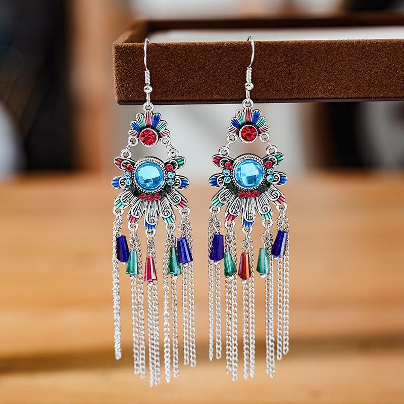 Vintage Ethnic Colorful Crystal Dangle Earrings for Women Classic Beach Chain Tassel Drop Earring Female Pendiente Bijoux