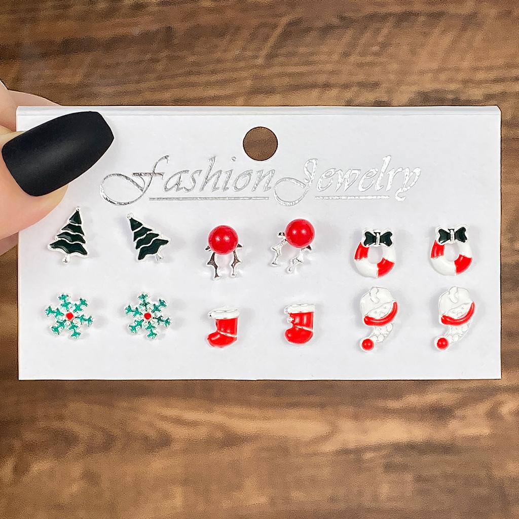 6 Pairs Christmas Earrings Set Selling Cartoon Dripping Oil Elk Santa Claus Christmas Tree Earrings for Women