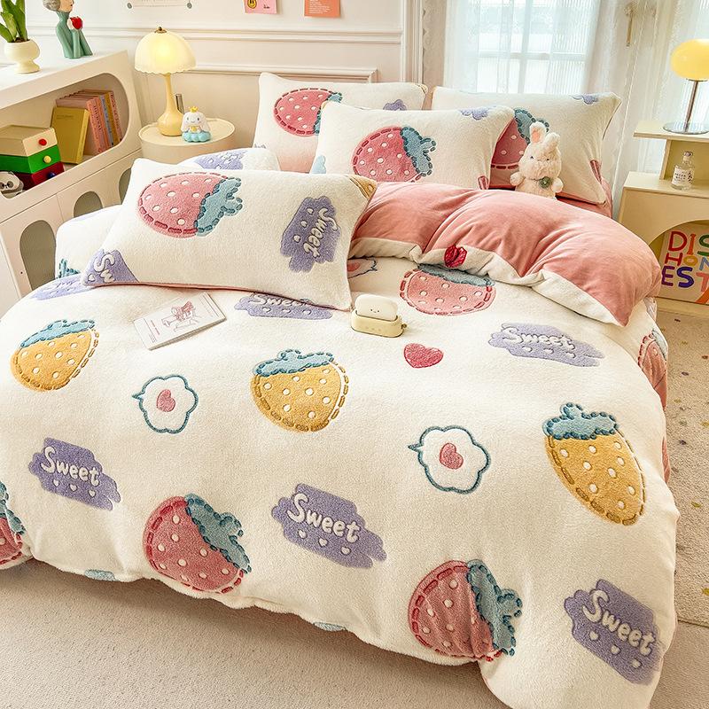 Winter Milk Fleece Bedding Four-piece Set Double-sided Fleece Thickened Sheets Quilt Cover Pillowcase