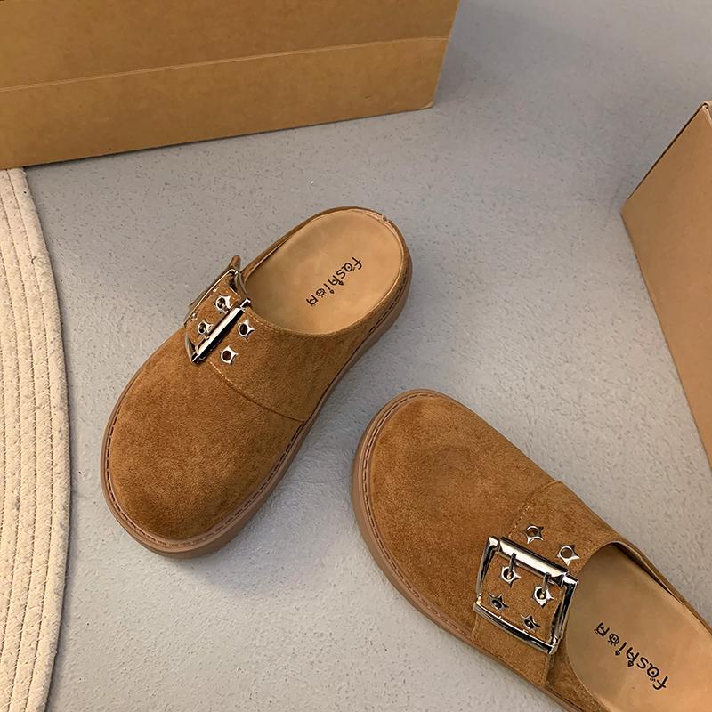 Fashion 2025 New Autumn  Women's Shoes Wrap Up Half Slippers Wear Flat Low-Heeled Retro Slip-On Shoes Outside
