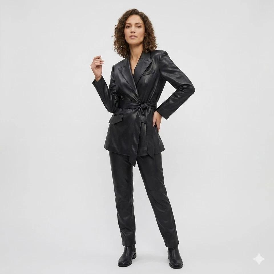 Women's Slim Fit Genuine Handmade Black Real Lambskin Leather Trench Coat Stylish