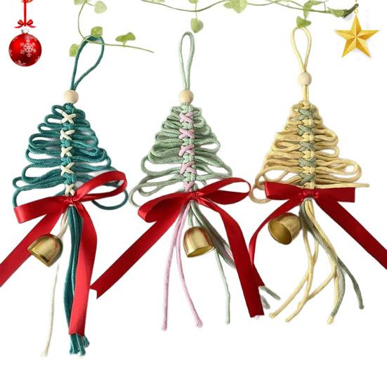 Hand-Woven Christmas Tree Ornaments Rustic Xmas Tree Shaped Handicrafts with Golden Cow Bell And Red Bow for Winter New Year Party Decorations