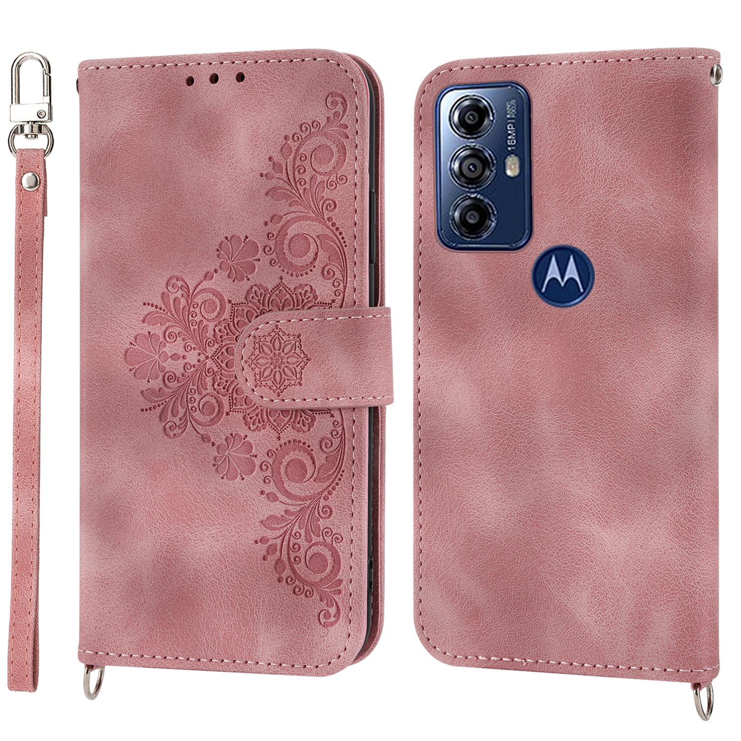

Skin-touch Leather Phone Case for Motorola Moto G Play (2023) 4G Imprinted Flower Wallet Stand Cover with Strap Pink
